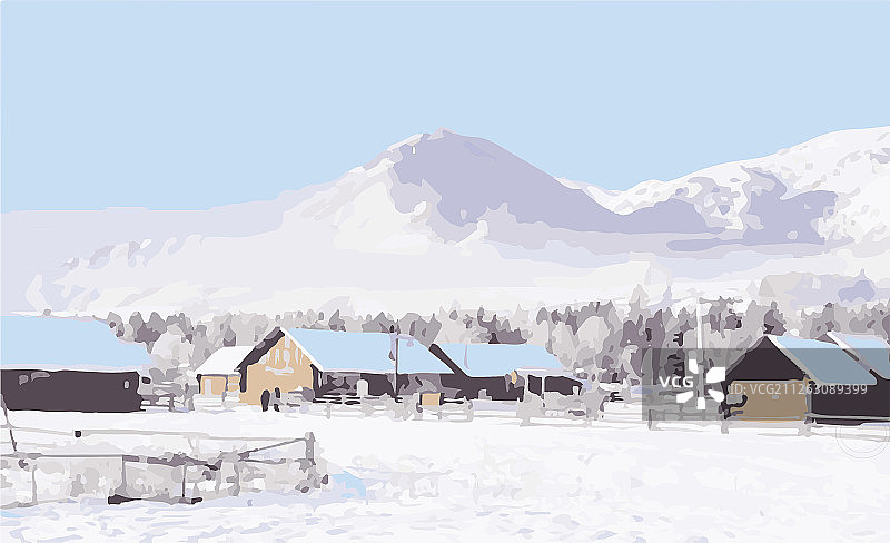 大雪天气寒冬村子雪景插画图片素材