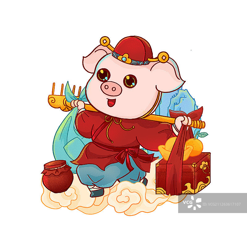 中国传统民俗十二生肖猪扛钉耙挑行礼创意国风手绘插画1图片素材