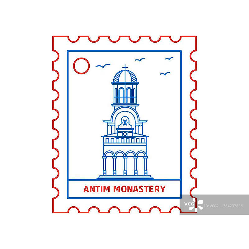 安提姆寺邮票蓝色和红色线风格，矢量插图图片素材
