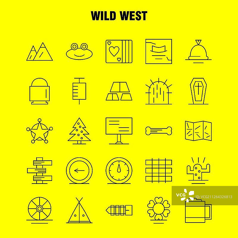 狂野西部线图标为Web，打印和移动UX/UI工具包。如:景观，蒙大拿，山，山，野生，花，西部野生，象形文字包。——矢量图片素材