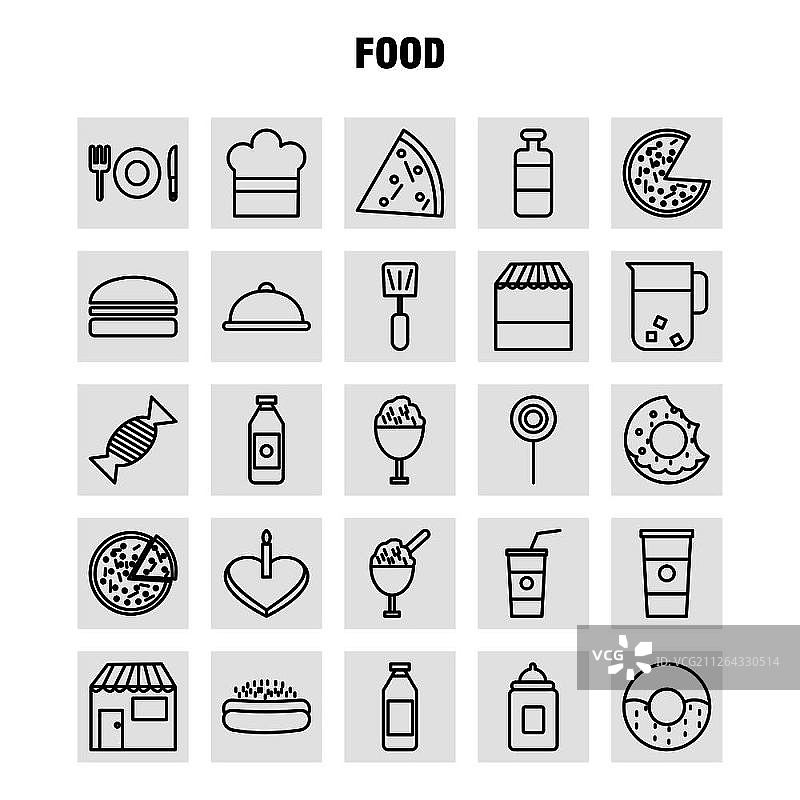食品线图标设置信息图，移动UX/UI工具包和打印设计。包括:食品，冰淇淋，膳食，食品，汤，膳食，食品，收集现代信息图形标志和象形图。——矢量图片素材