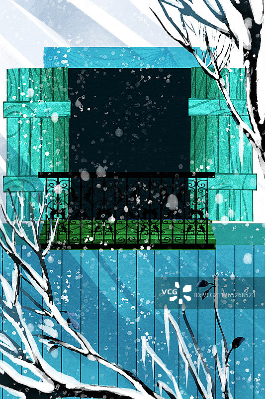 冬天下雪的窗户外的树枝插画背景图片素材