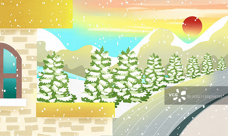 冬天下雪楼房阳台插画背景图片素材