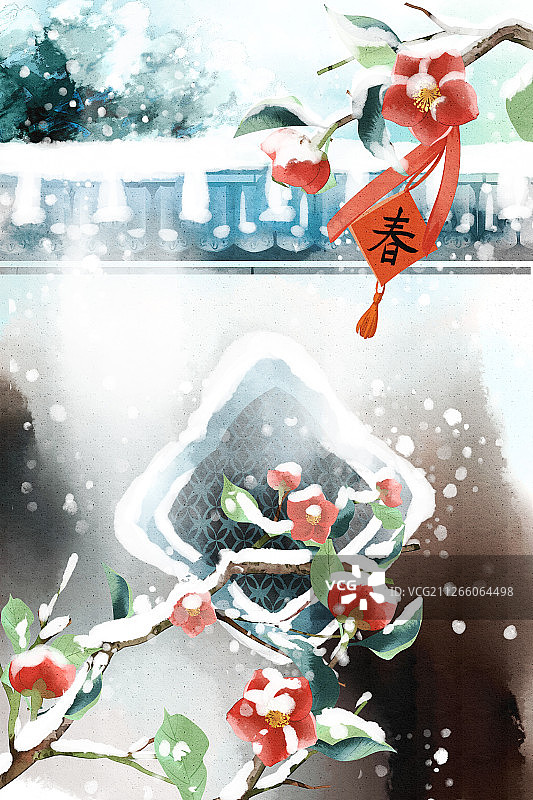 水彩风格中国古代围墙春节插画背景图片素材