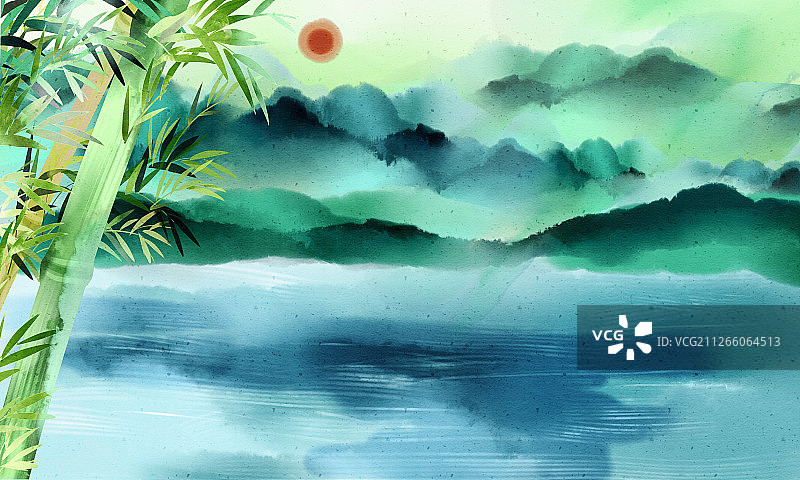 水彩风格户外大自然湖面插画背景图片素材