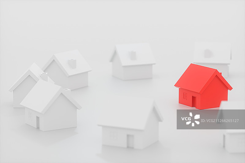 白色简约小屋模型环绕的红色小屋模型 三维渲染图片素材