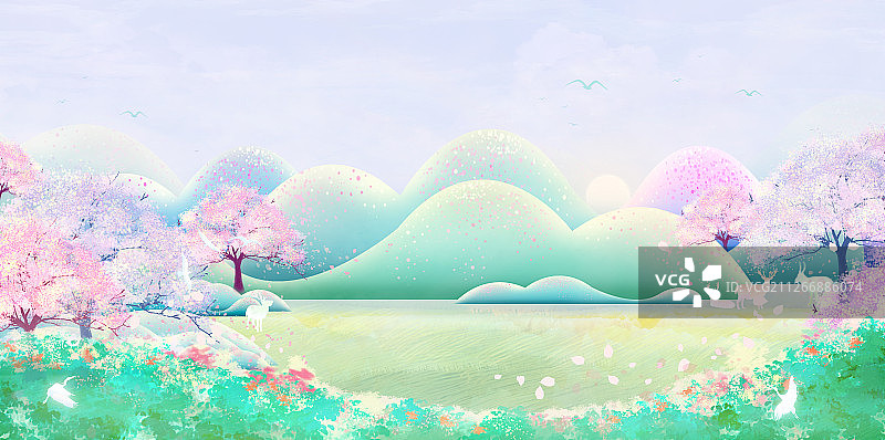 春天太阳照耀森林，小鸟飞舞鲜花盛开插画背景图片素材