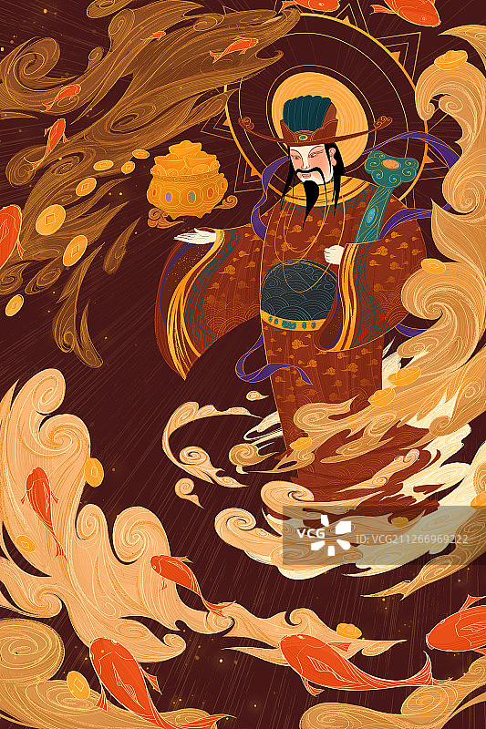 正月初五中国风传统财神插画图片素材