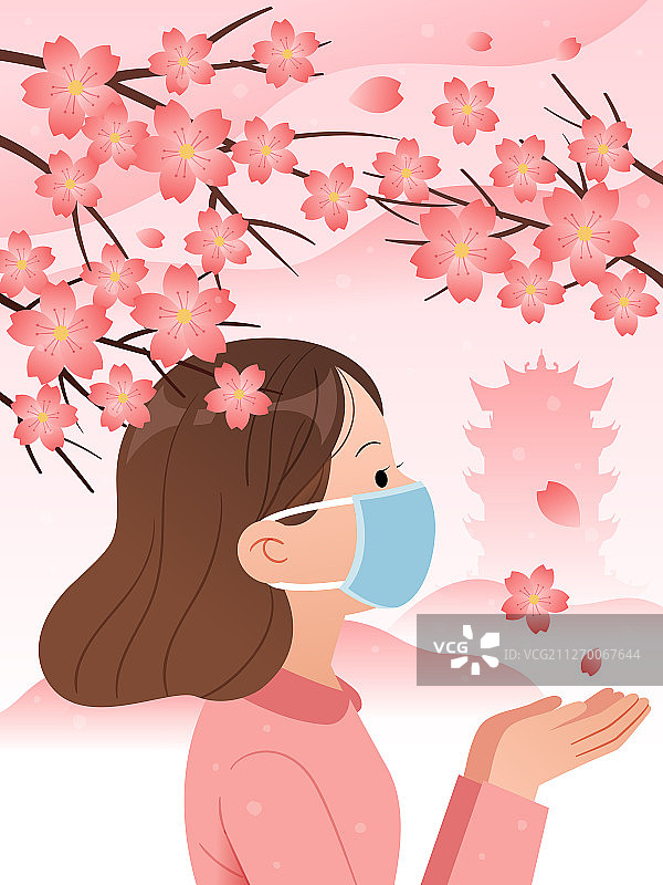 戴着口罩的女孩在樱花树下图片素材