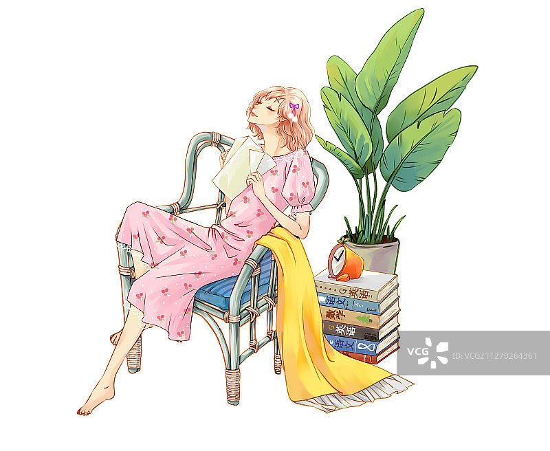 坐在藤椅上看书的粉衣少女2图片素材