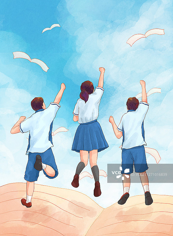 跳跃欢呼的学生高考插画蓝天图片素材