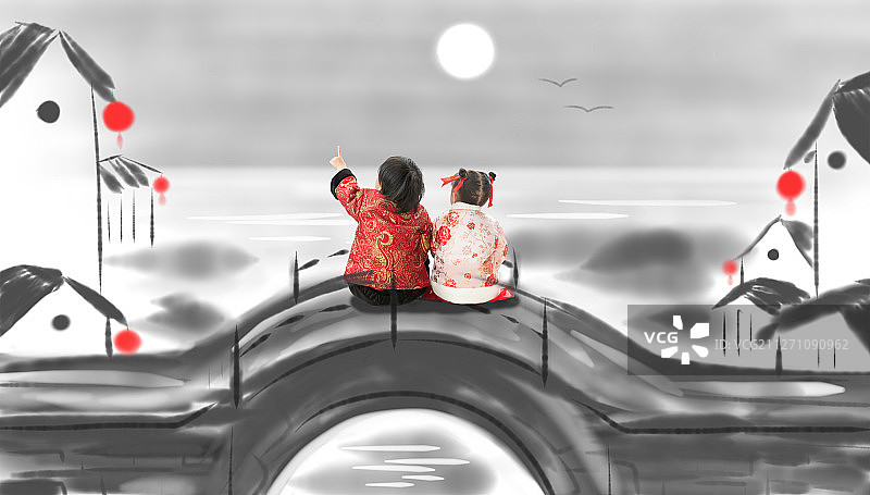 两个小朋友坐在桥上看月亮图片素材