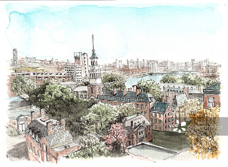 景观插图，哈佛大学，波士顿，美国图片素材