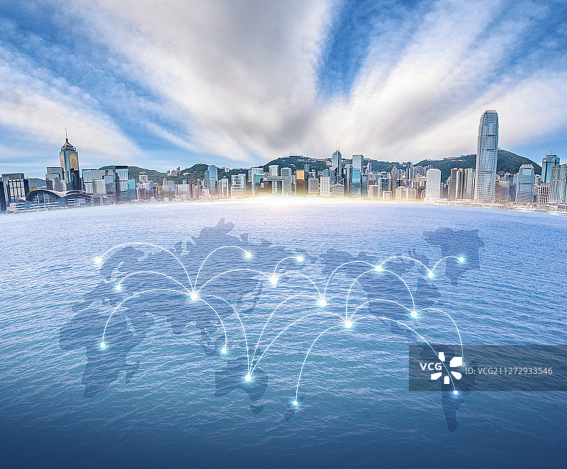 香港维多利亚港城市CBD金融天际线建筑5G网络全球通讯技术图片素材