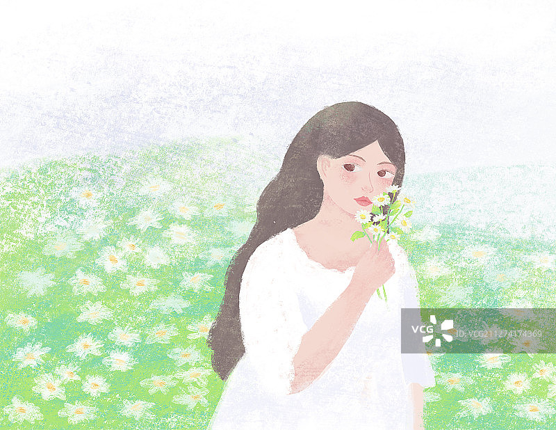 春天的小雏菊和少女的清新插画图片素材
