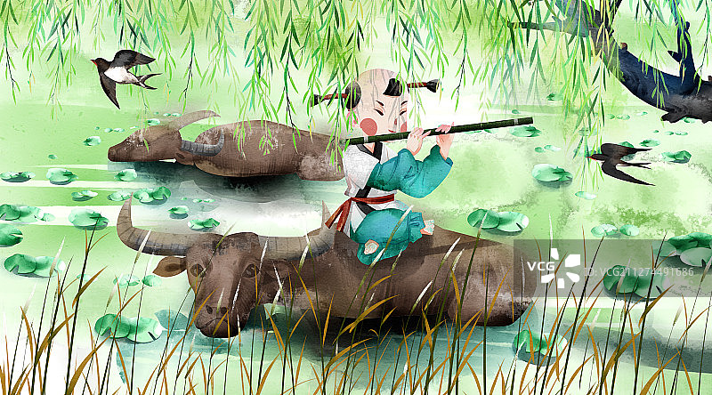 中国风水彩清明节牧童吹笛子插画图片素材
