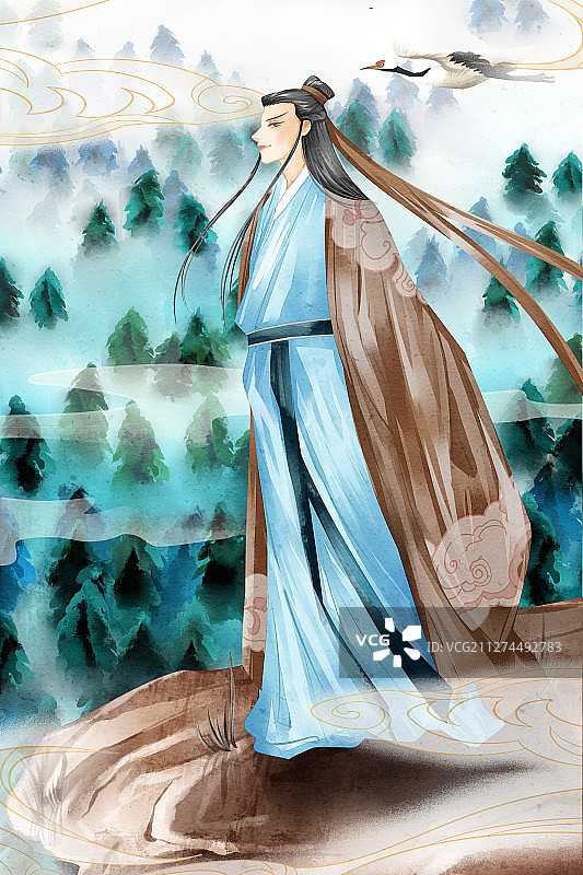 中国风武侠公子站在悬崖上插画图片素材