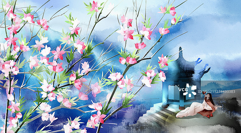 中国风春天公子在桃花林饮酒插画图片素材