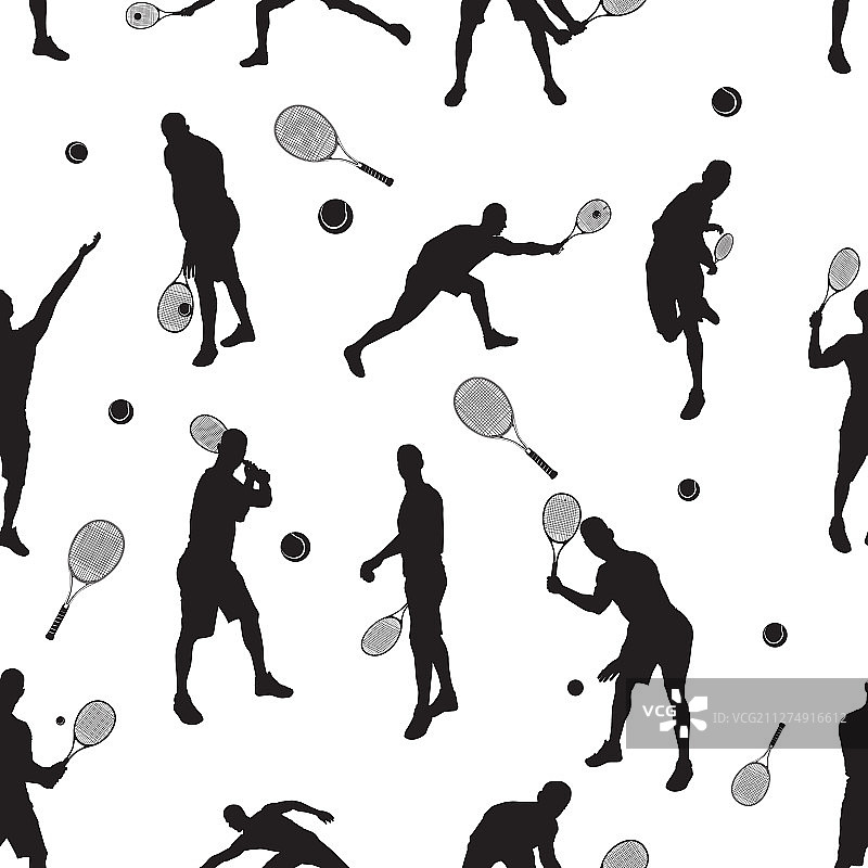 网球无缝图案与网球运动员黑色图片素材