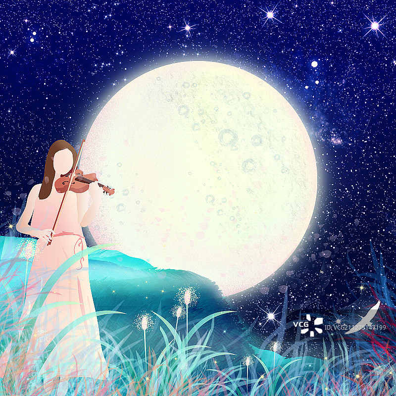 一位长裙少女在月光下拉着动听的小提琴插画图片素材