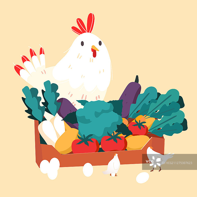卡通购物美食鸡肉蔬果篮子农场风景矢量插画图片素材
