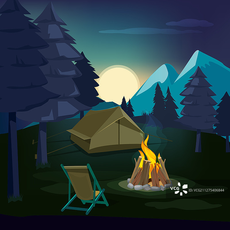 夜晚的篝火与帐篷和木制景观图片素材
