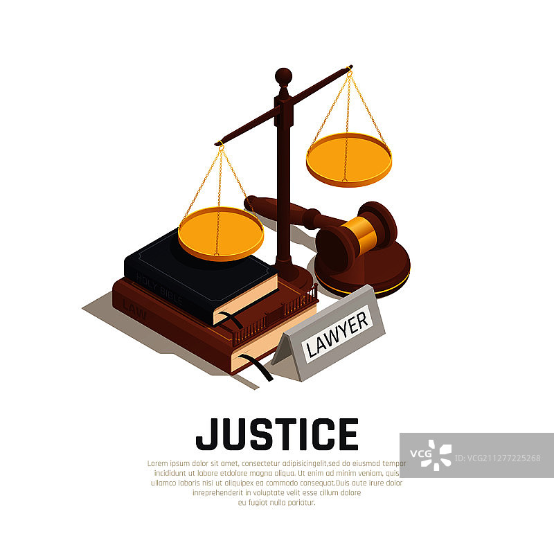 法律等距构图用木槌、法典、圣经、正义比例尺、符号矢量插图图片素材