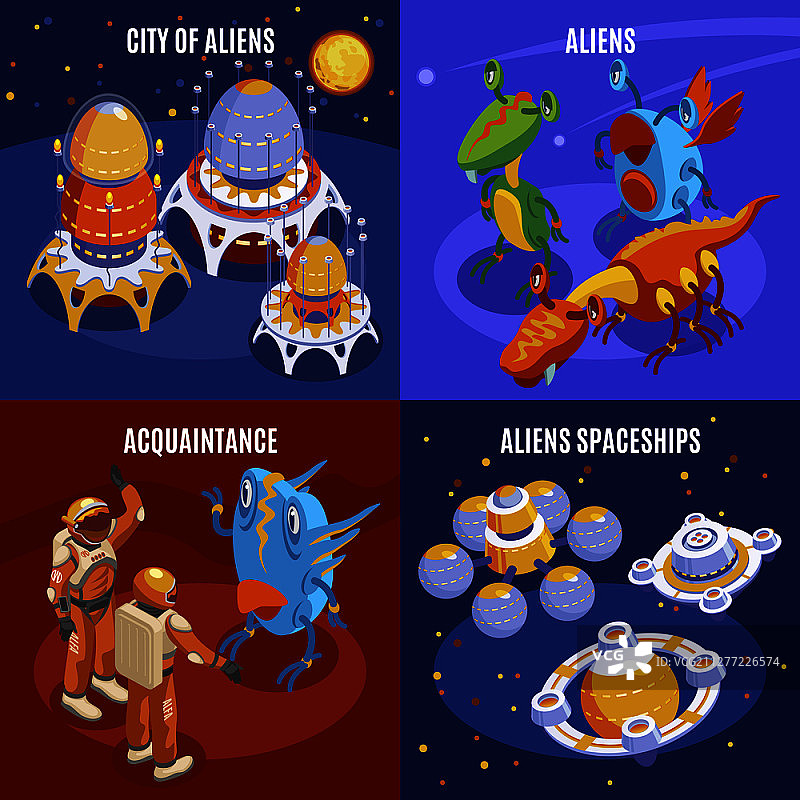 四外星人等角合成与城市外星人相识和飞船描述矢量插图图片素材