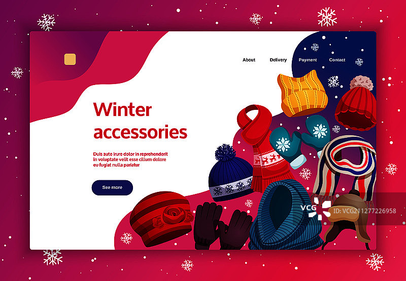 季节性冬季围巾帽子概念横幅网站设计与图像和可点击链接与可编辑的文本矢量插图图片素材
