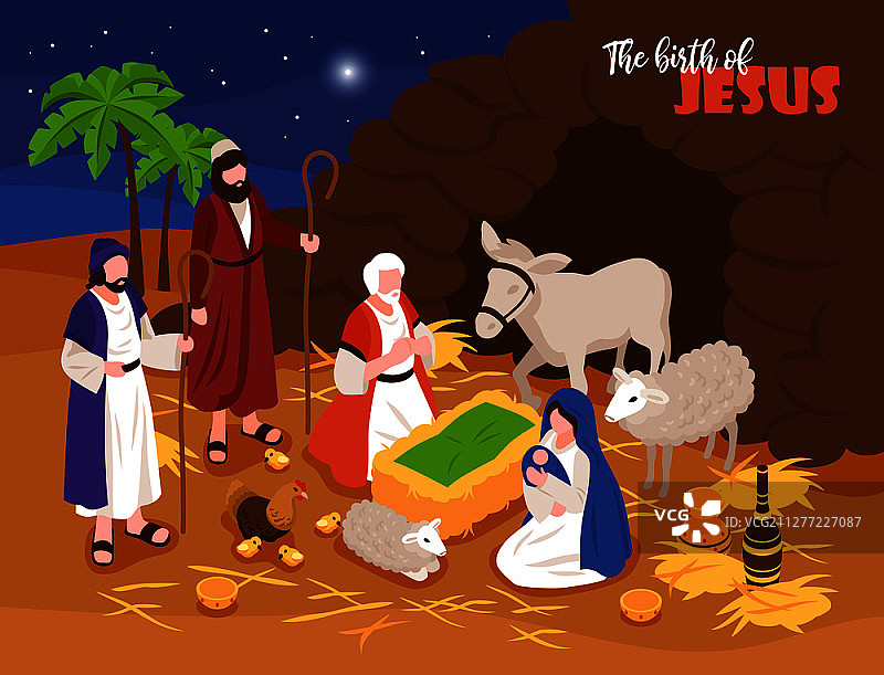 等距圣经叙事圣诞基督诞生概念旗帜组成与户外组成和人的性格与羊矢量插图图片素材