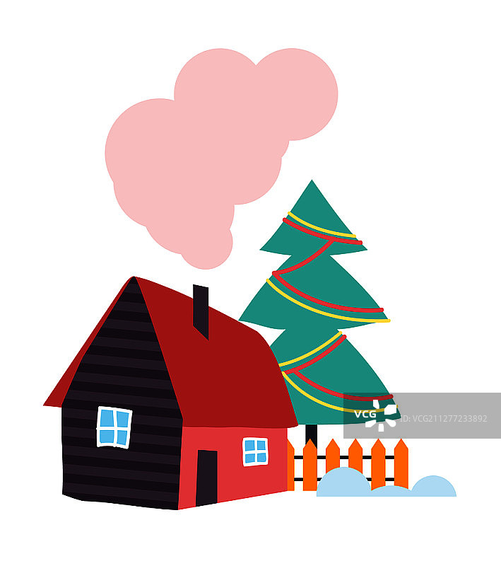 带有烟囱的乡村房子，木制栅栏和装饰过的圣诞树隔离了。冬暖花开的茅舍里，烟从烟斗里冒出来，冬天的图案。有烟囱的乡村房子，木栅栏矢量图片素材