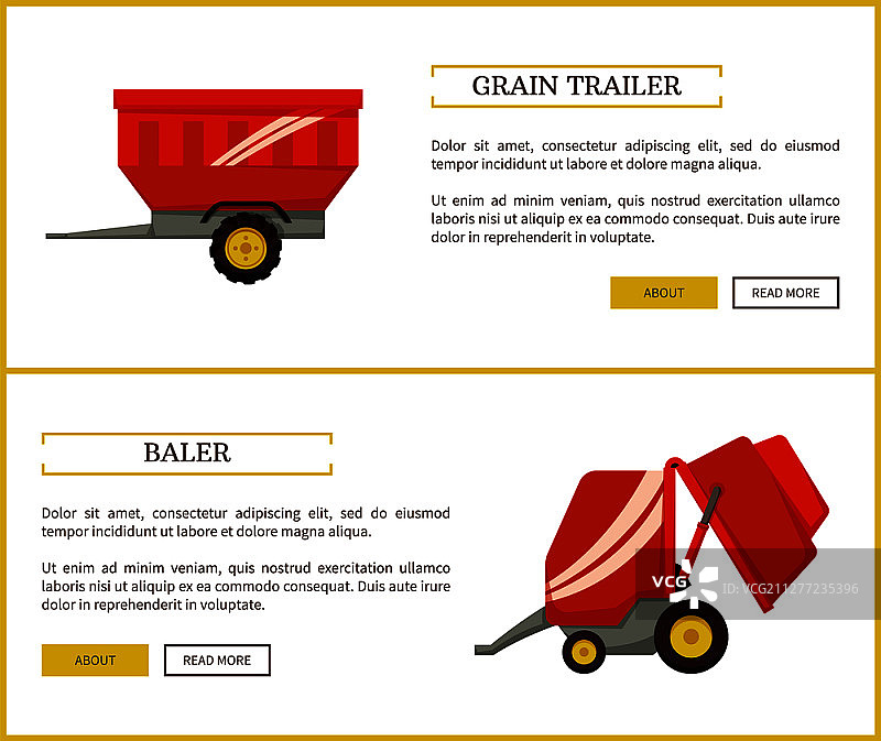 谷物拖车和打包机一套海报与文本样本。用于运输的容器和用于将干草压缩成立方体用于存储载体的装置。谷物拖车和打包机集矢量插图图片素材