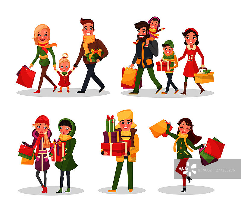 圣诞假期购物，家人朋友矢量。孩子们带着父母带来的纸袋和礼物庆祝冬季活动。圣诞节购物，家人和朋友图片素材