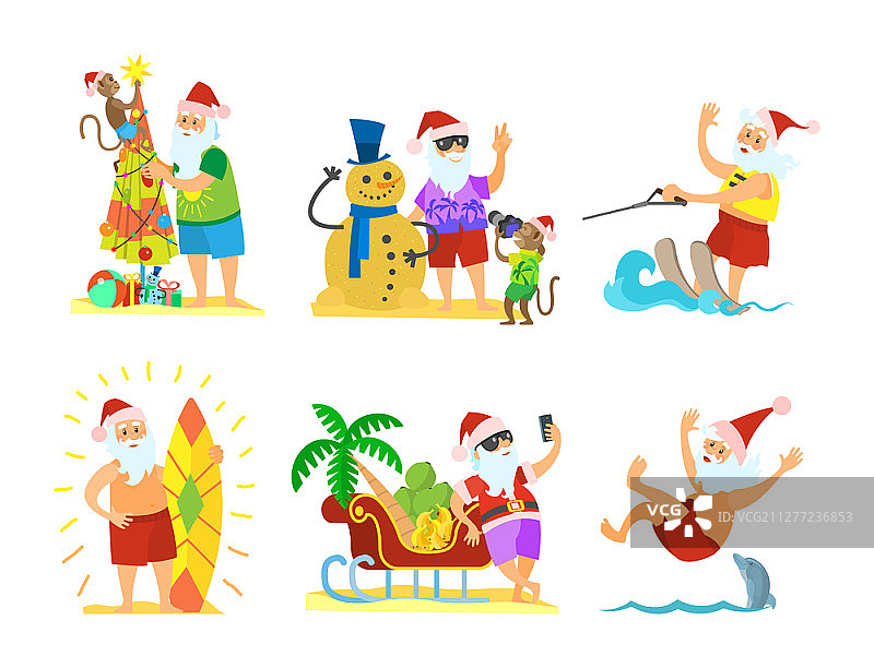 圣诞老人装饰伞，雪人和猴子，满载水果的雪橇，水上滑雪，潜水与海豚，新年在炎热的国家，矢量。圣诞老人和猴子装饰伞雪人图片素材