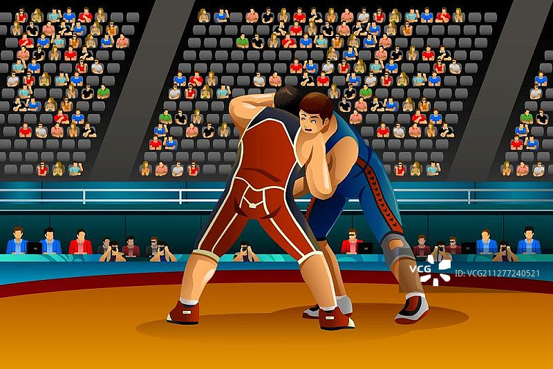 矢量插图的两名男子运动员摔跤在竞争的体育比赛系列图片素材