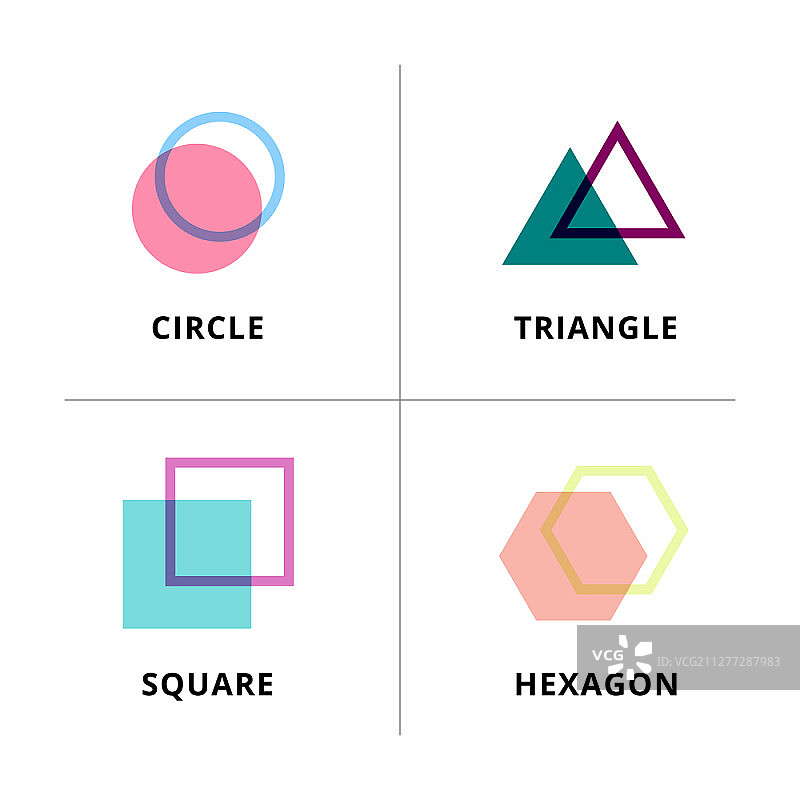 标志的几何重叠孤立在白色的背景。圆形，三角形，正方形，六边形符号。矢量图图片素材