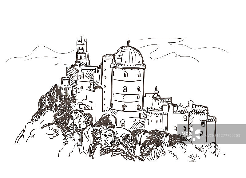 线艺术孤立葡萄牙辛特拉城堡素描图片素材