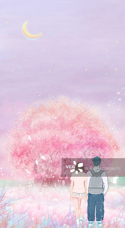 情侣在户外樱花树前看风景插画图片素材