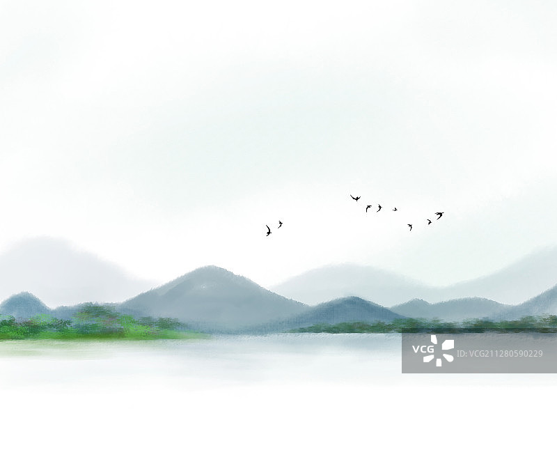 有远山水面天空飞过几只飞鸟的中国风手绘插画图片素材