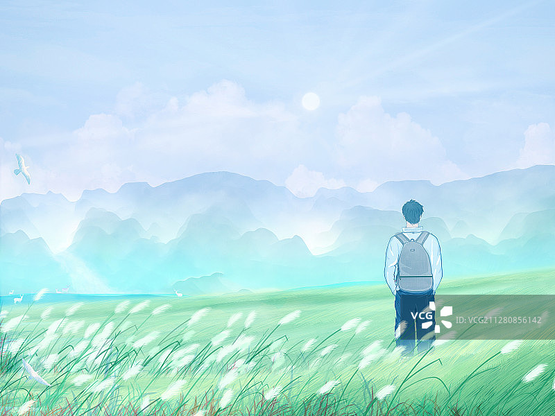 夏天背包年轻人站在山坡草地上看风景插画图片素材