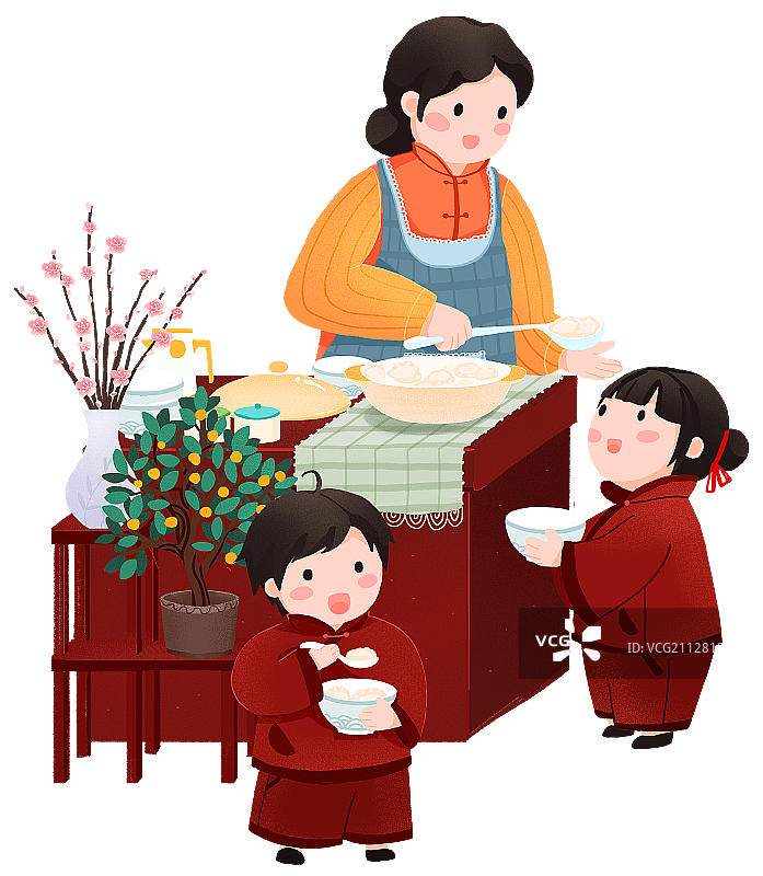 年俗大年初五妈妈在厨房给孩子盛饺子吃饺子手绘插画图片素材