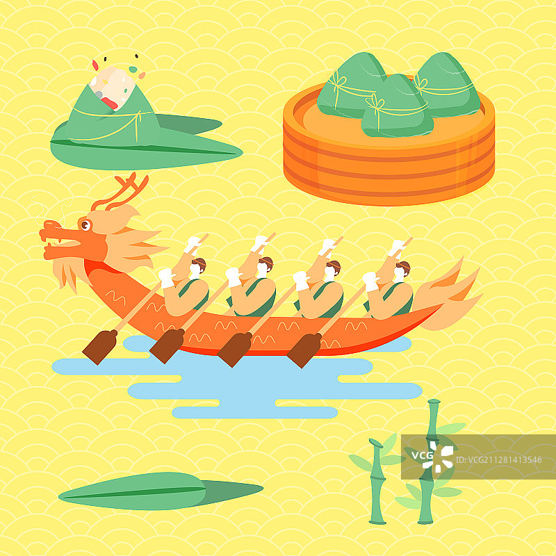 卡通端午节粽子赛龙舟中国风传统节日风景矢量插画图片素材