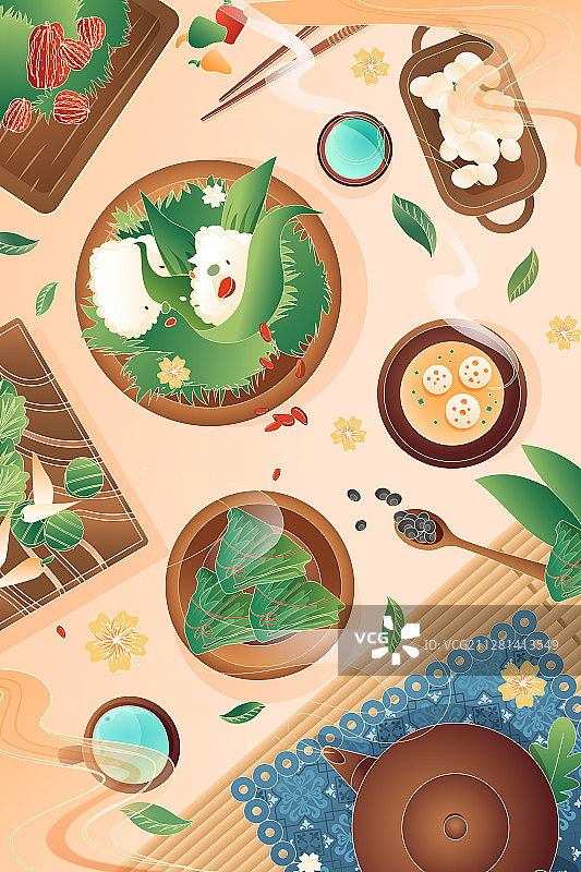 卡通端午节包粽子美食中国风传统节日渐变矢量插画图片素材
