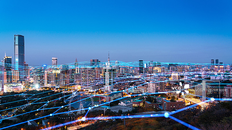 蓝色网格线的城市天际线图片素材