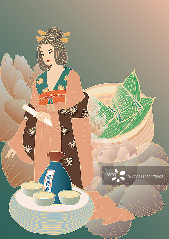 端午节古装美女中国风新中式粽子雄黄酒横版无字图片素材