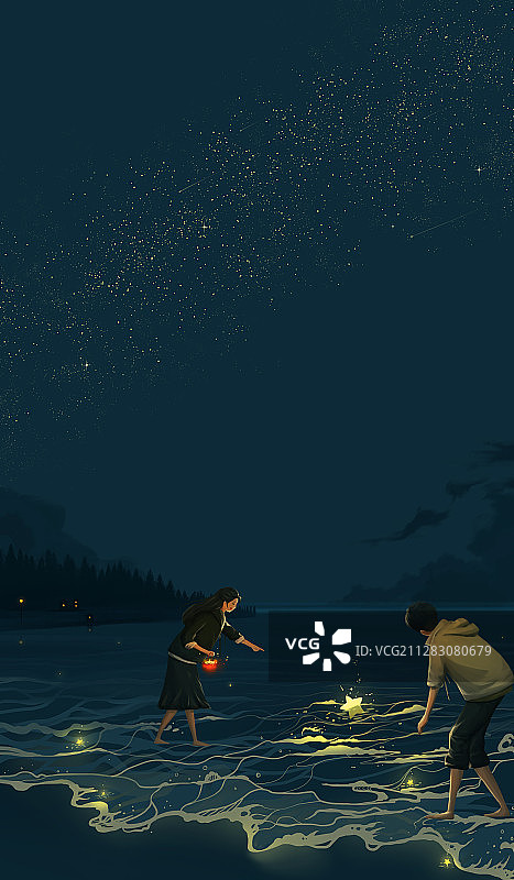 在夜晚的海边游玩的情侣情感插画竖版图片素材