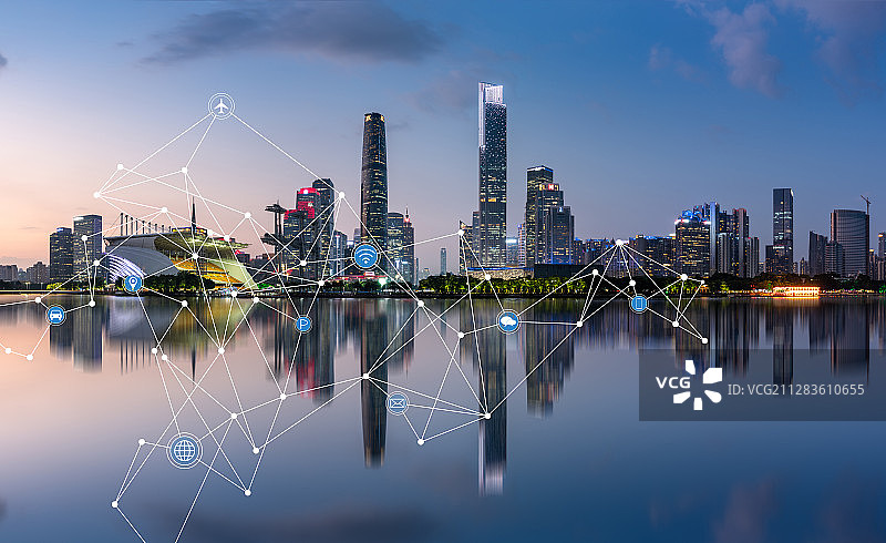 广州珠江新城天际线和5G智慧城市概念图片素材