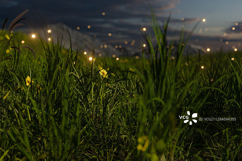 草丛里的萤火虫 3D渲染图片素材