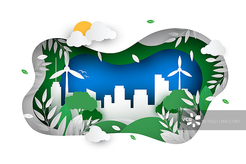 卡通环保生态大自然绿化环境保护低碳生活方式风景剪纸风矢量插画图片素材