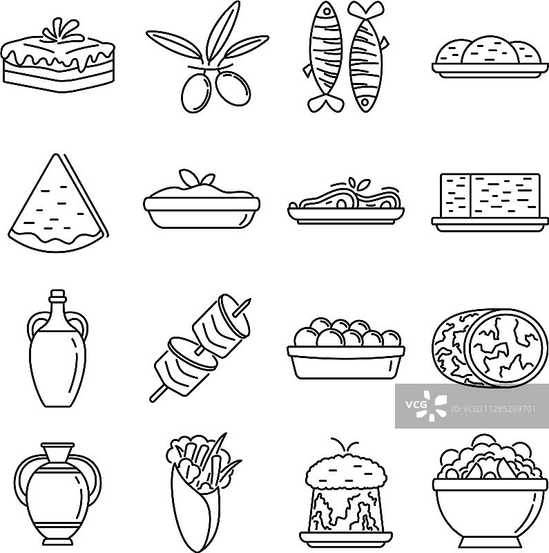 希腊美食图标设置轮廓风格图片素材